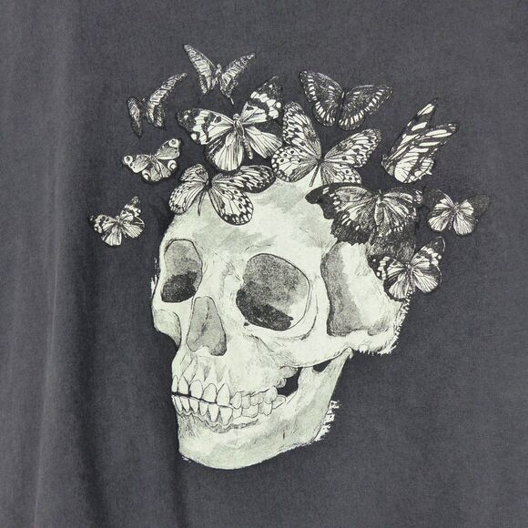 Mango MNG T-Shirt Womens S Gray Skull Butterfly Graphic Tee Rock Goth Macabre - Picture 3 of 9